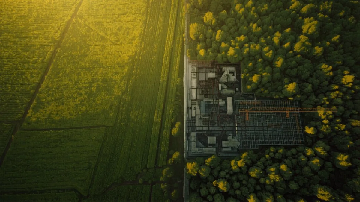 Vue aérienne centrale à béton — contrôle qualité et non-conformité chantier