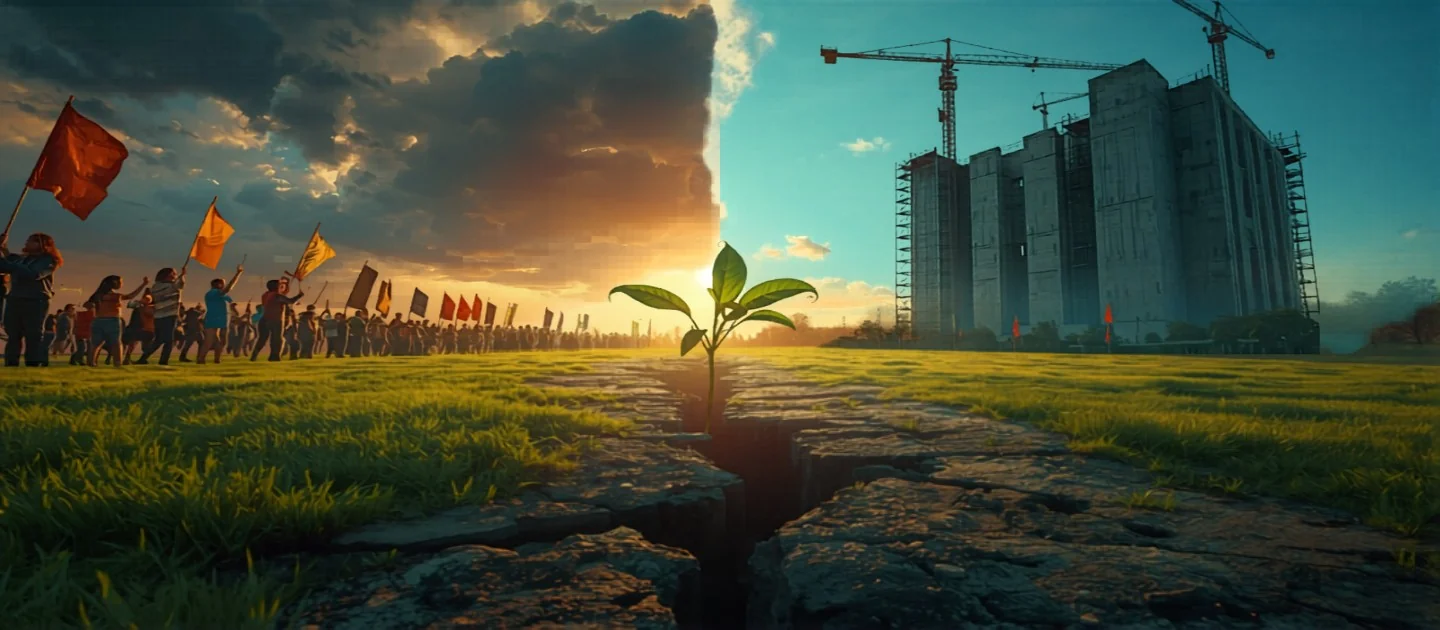 Chantier de bâtiment en béton avec grue — au cœur du débat climat et construction