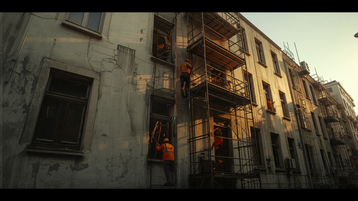 Ouvriers en gilets orange rénovant la façade d'un immeuble en béton sur échafaudage